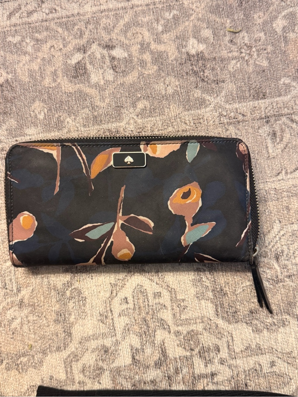 kate spade Black Floral Zip-Around Wallet with Brown and Teal Accents